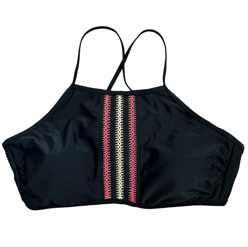 TRUE CRAFT Women’s Halter Bikini Top Black Red/Yellow Boho Embroidery Detail L‎